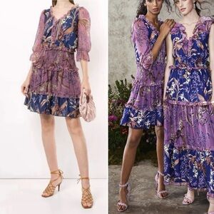 MARCHESA NOTTE Smocked Floral Mini Cocktail Dress